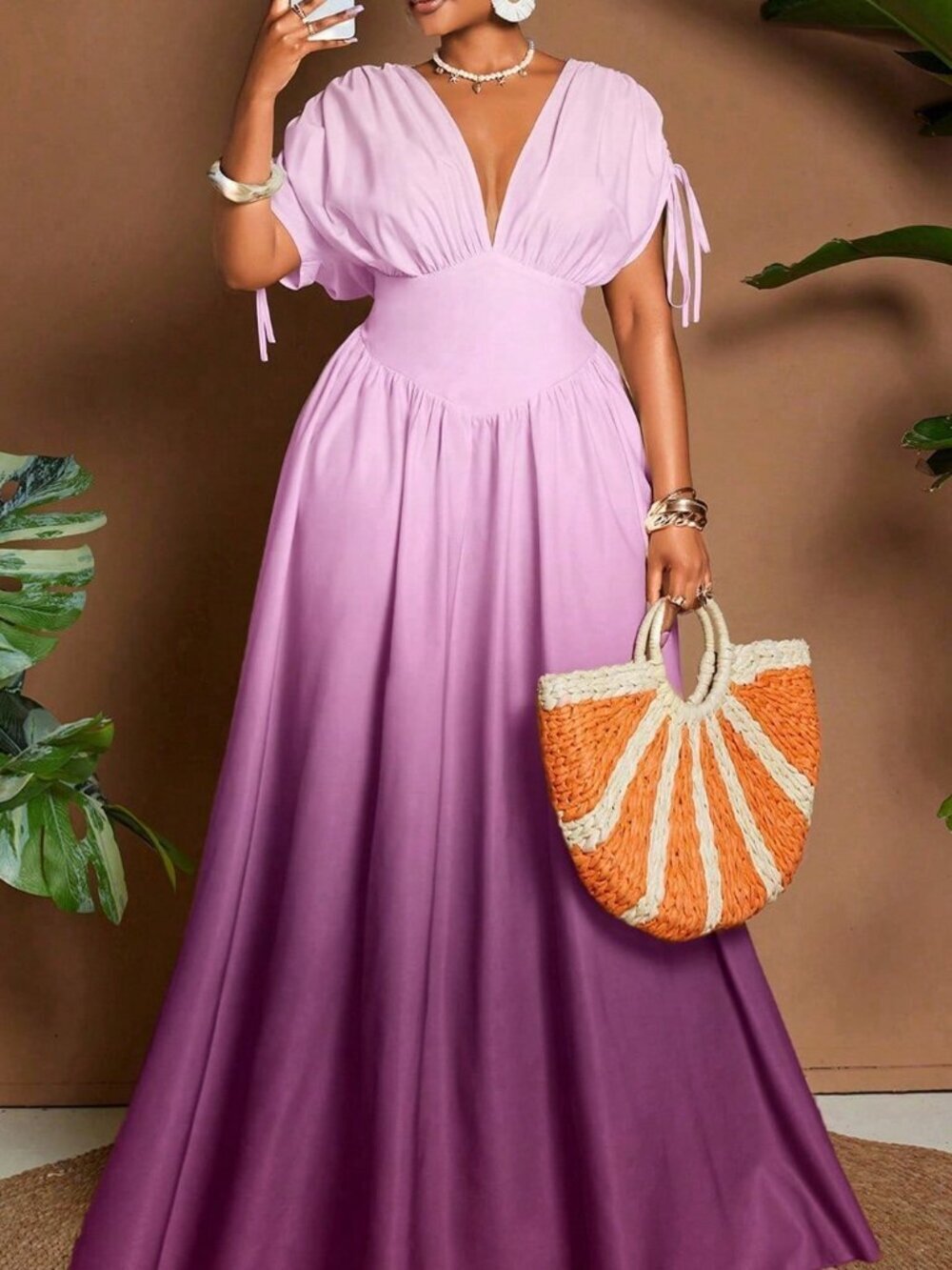 Multicolor Purple Women's Plus Size Ombre V-Neck A-Line Maxi Dress